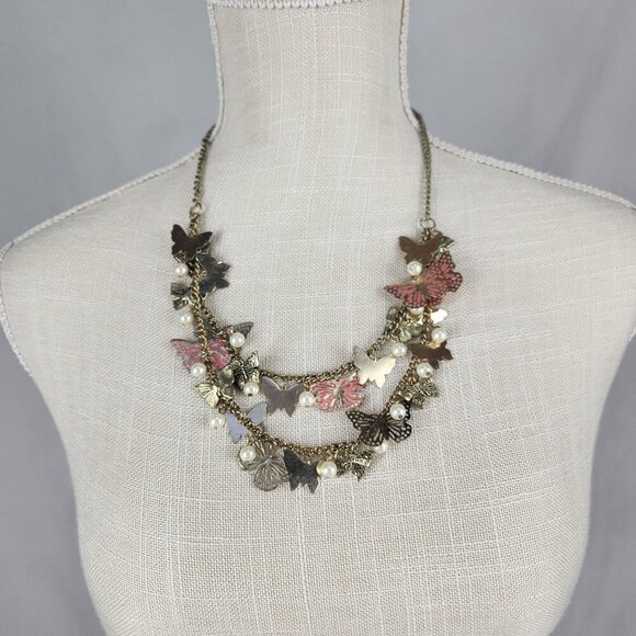 Layered Butterfly Gold Tone Pink White Necklace Adjustable Claire's - Picture 1 of 5